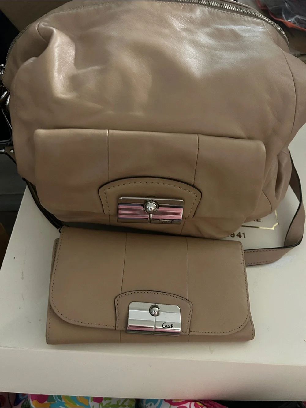 Coach Beige Leather Shoulder Bag with Matching Wallet